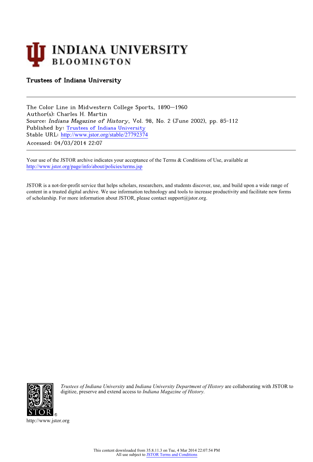 The Color Line in Midwestern College Sports, 1890–1960 Author(S): Charles H