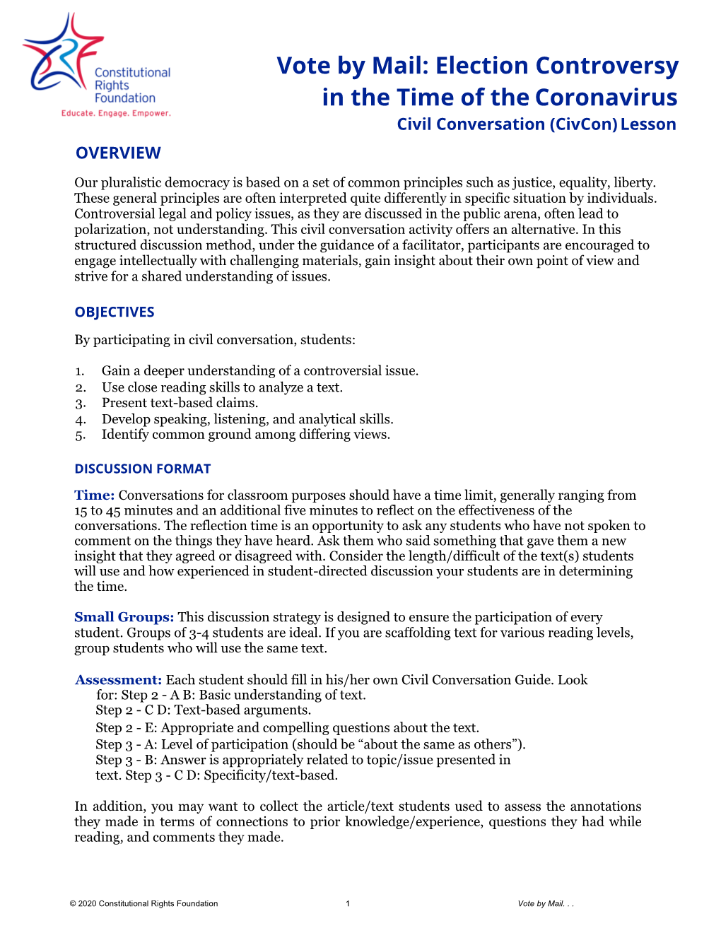 Vote by Mail: Election Controversy in the Time of the Coronavirus Civil Conversation (Civcon) Lesson OVERVIEW