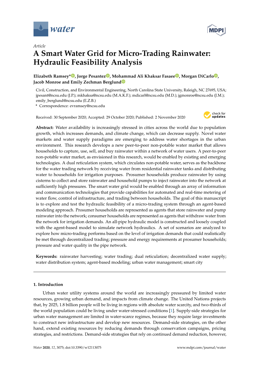 A Smart Water Grid for Micro-Trading Rainwater: Hydraulic Feasibility Analysis