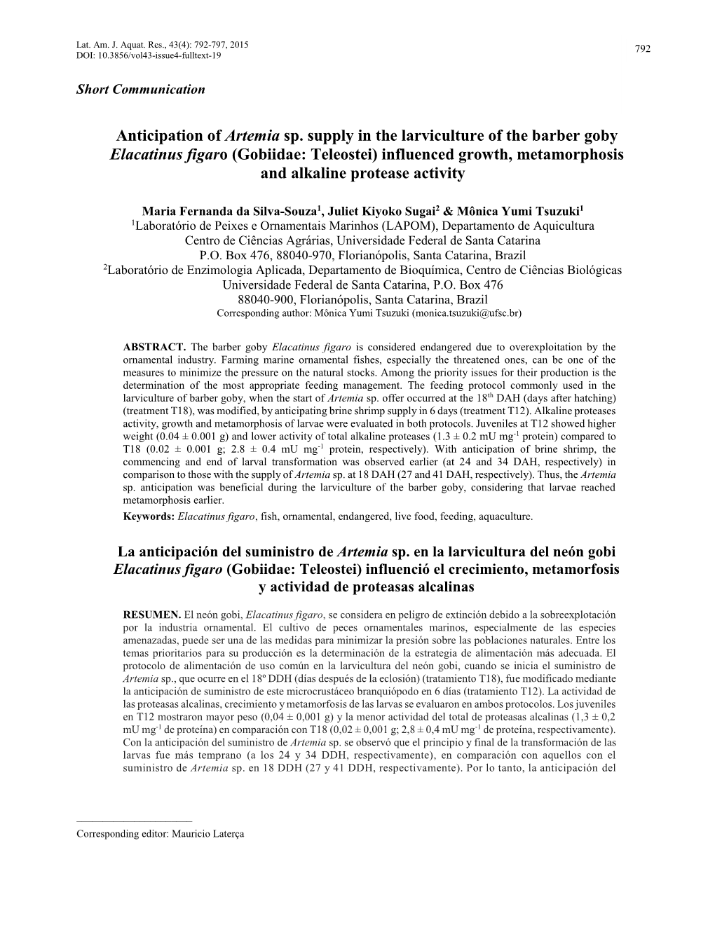 Anticipation of Artemia Sp. Supply in the Larviculture of the Barber Goby