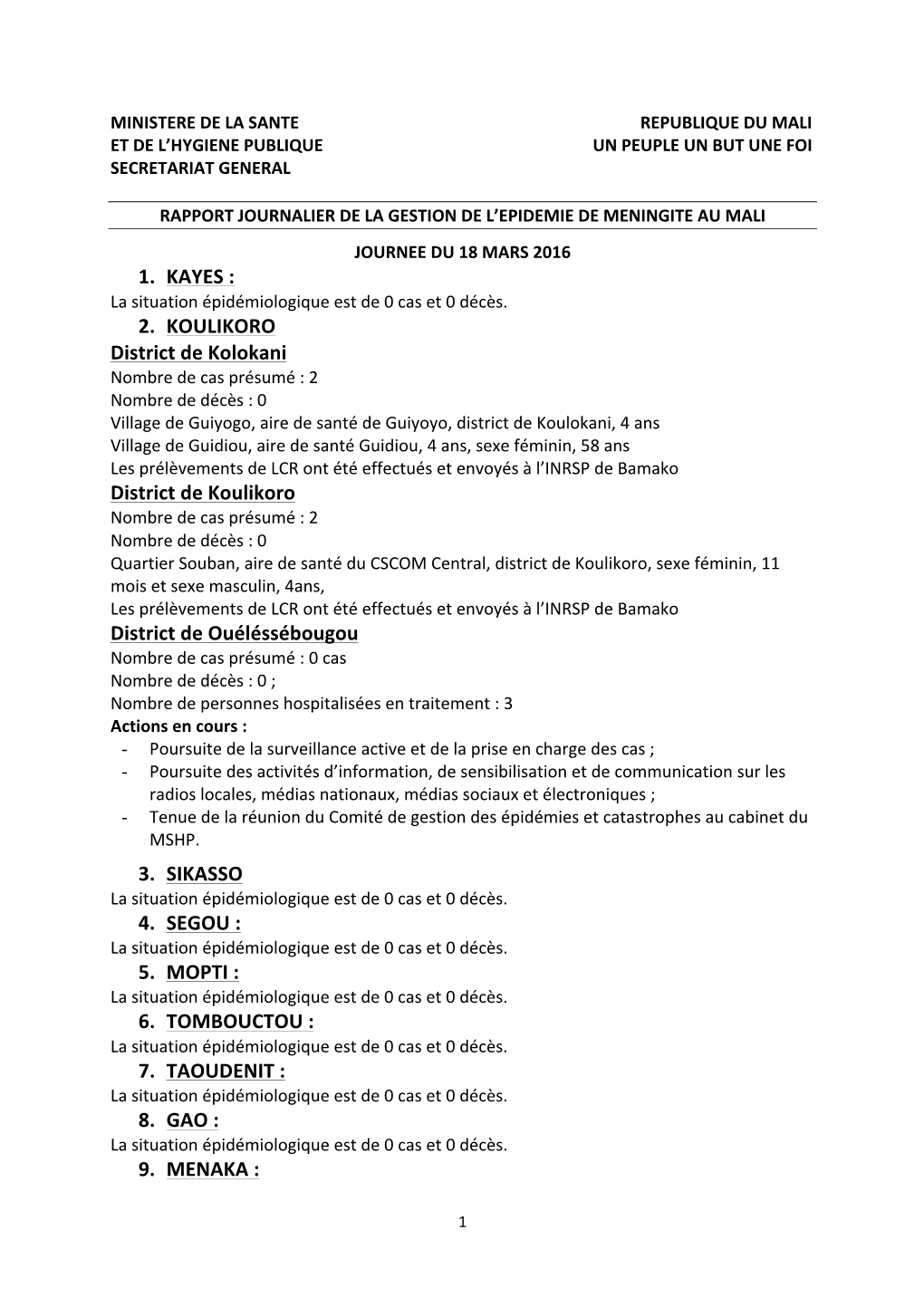 1. KAYES : 2. KOULIKORO District De Kolokani District De Koulikoro