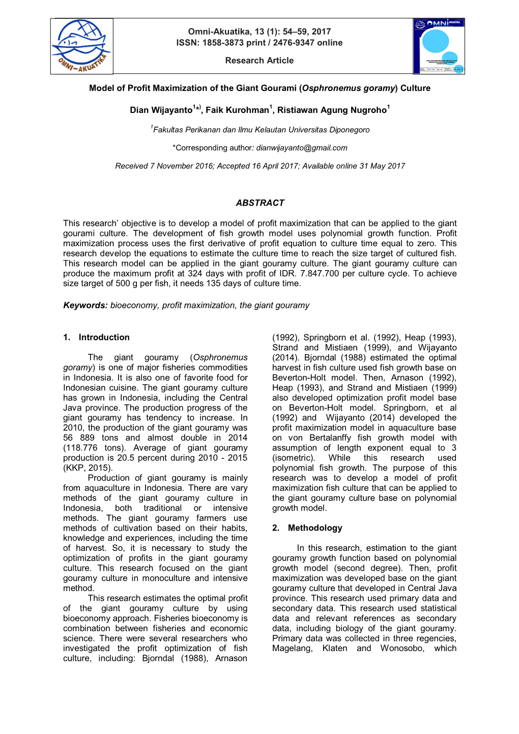 Model of Profit Maximization of the Giant Gourami (Osphronemus Goramy) Culture