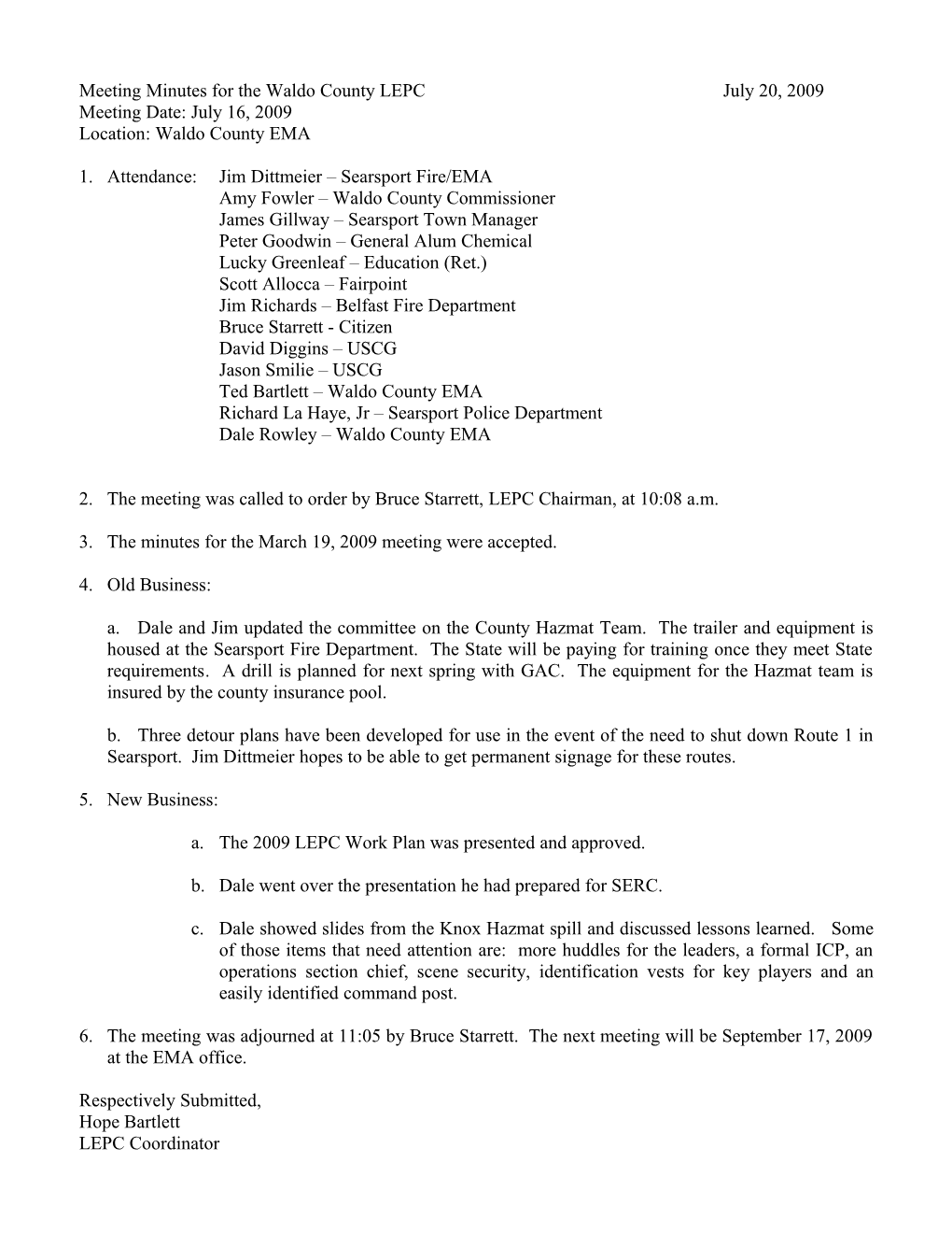 Meeting Minutes for the Waldo County LEPC July 20, 2009