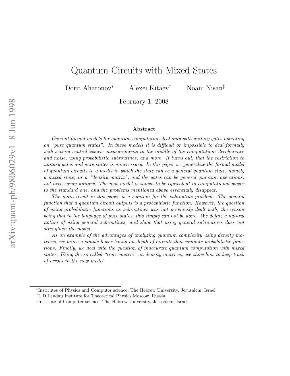 Quantum Circuits with Mixed States Is Polynomially Equivalent in Computational Power to the Standard Unitary Model