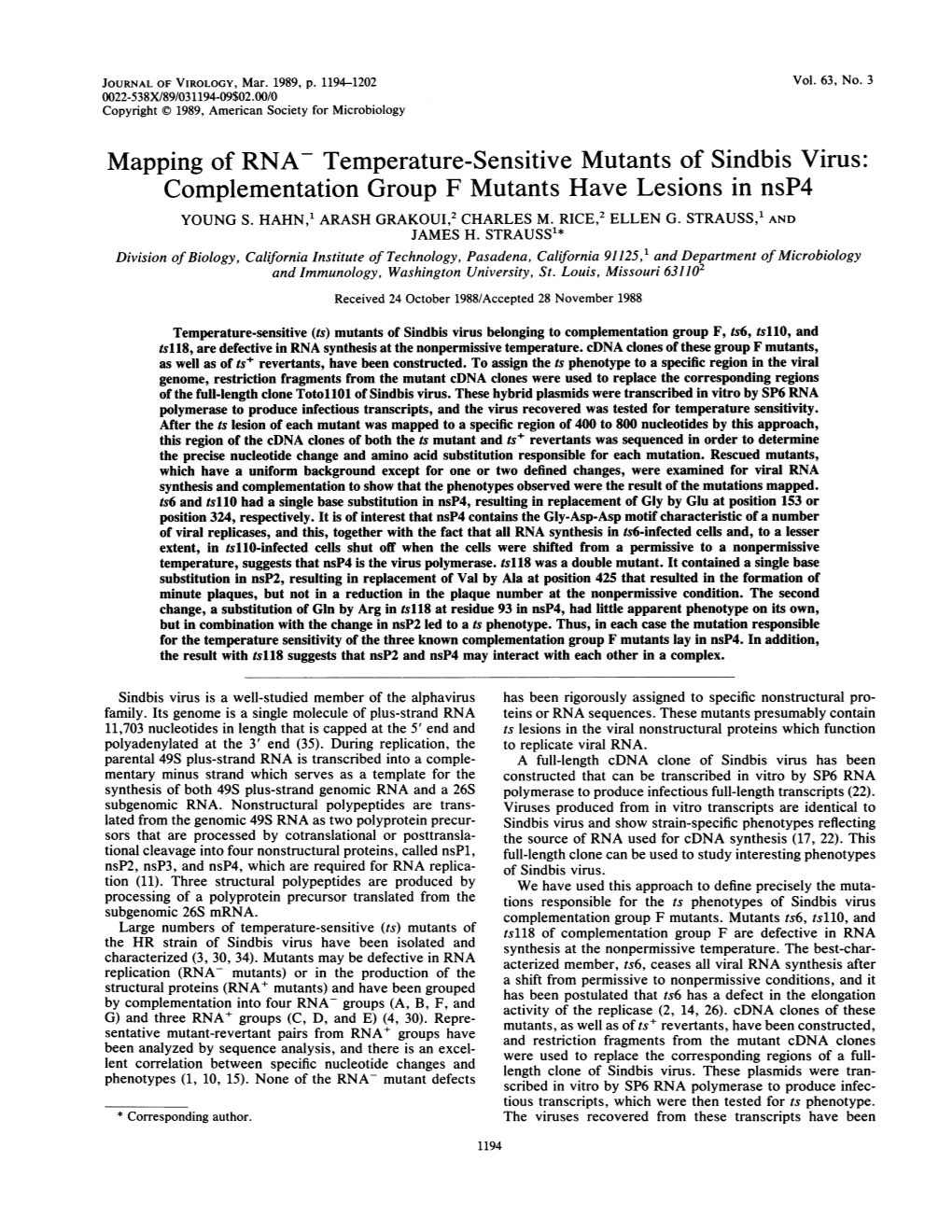 Temperature-Sensitive Mutants of Sindbis Virus: Complementation Group F Mutants Have Lesions in Nsp4 YOUNG S