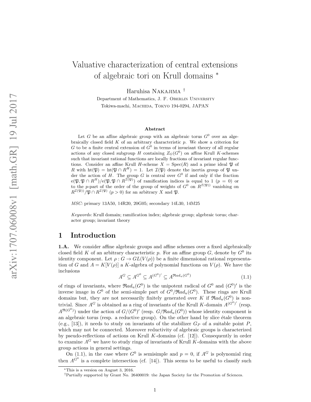 Valuative Characterization of Central Extensions of Algebraic Tori on Krull