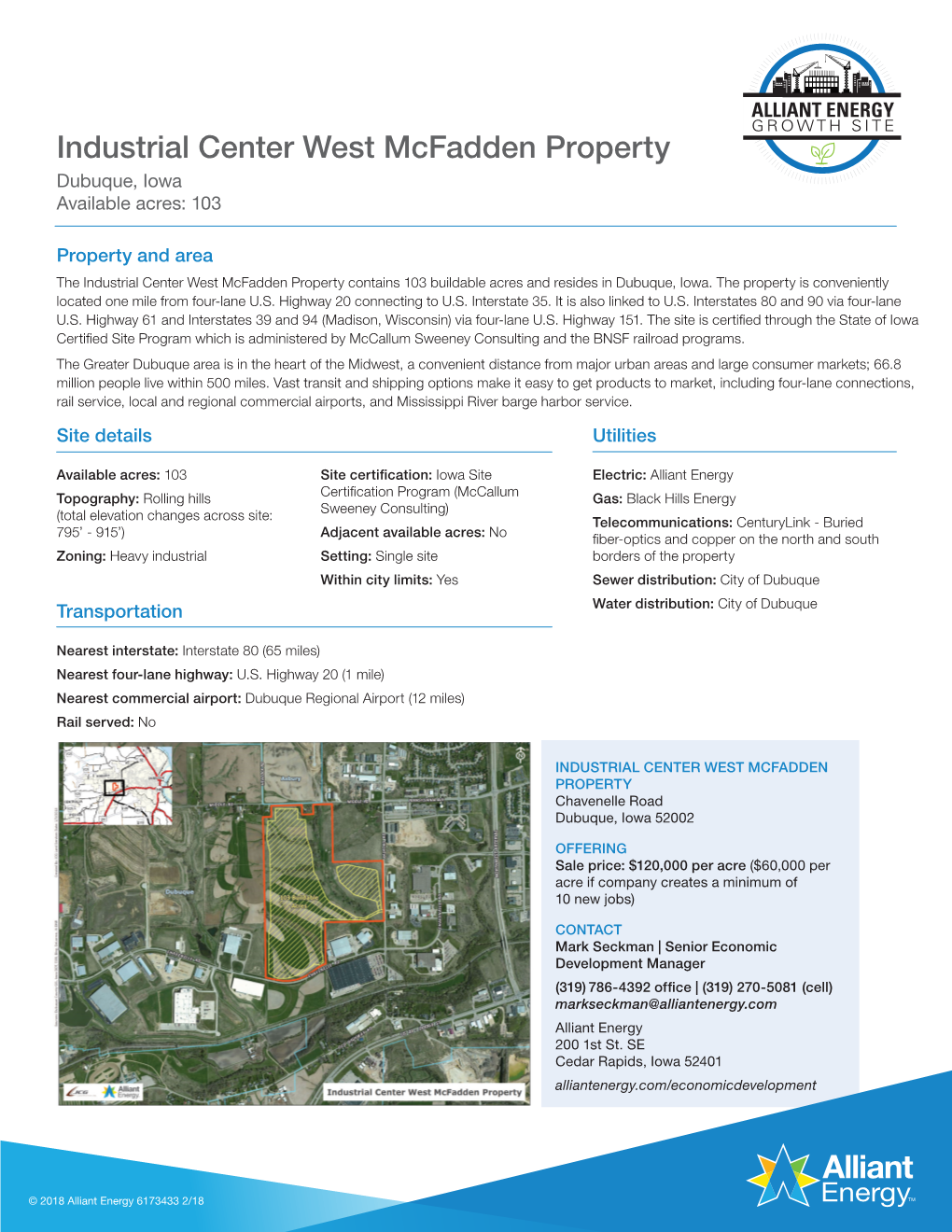 Industrial Center West Mcfadden Property Dubuque, Iowa Available Acres: 103