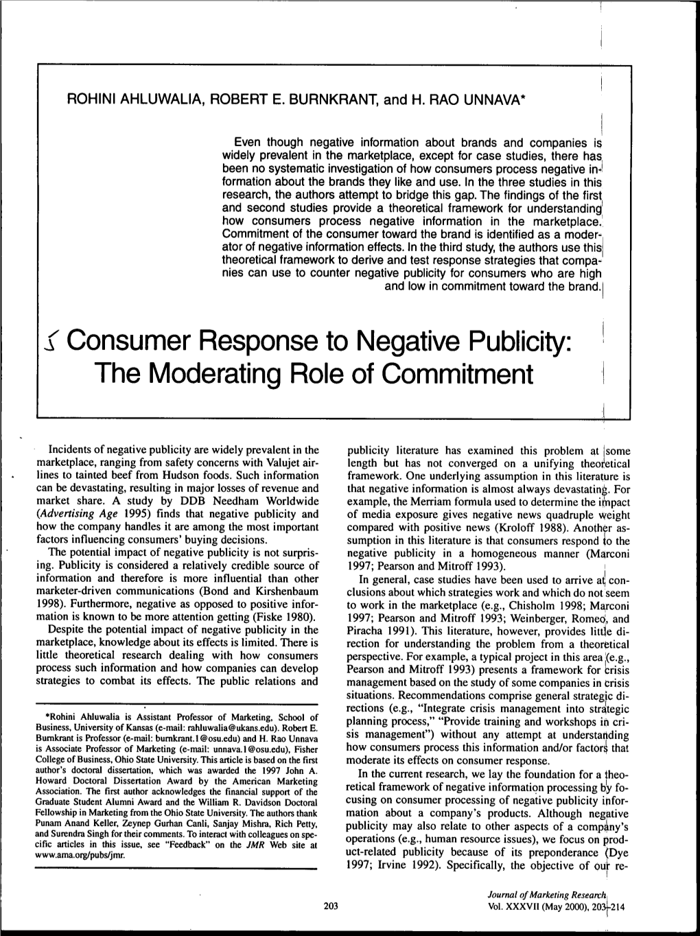 Consumer Response to Negative Publicity: the Moderating Role of Commitment