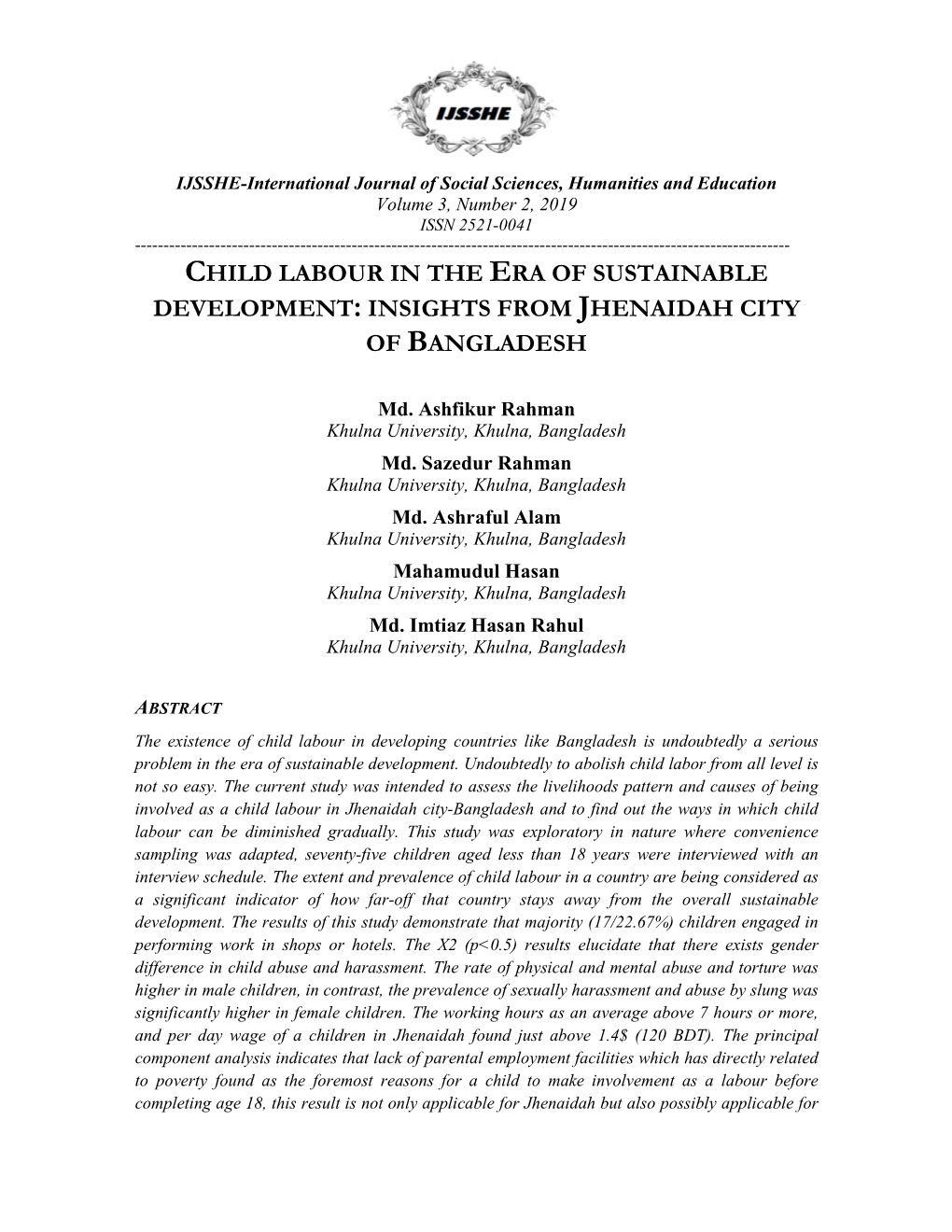 Child Labour in the Era of Sustainable Development: Insights from Jhenaidah City of Bangladesh