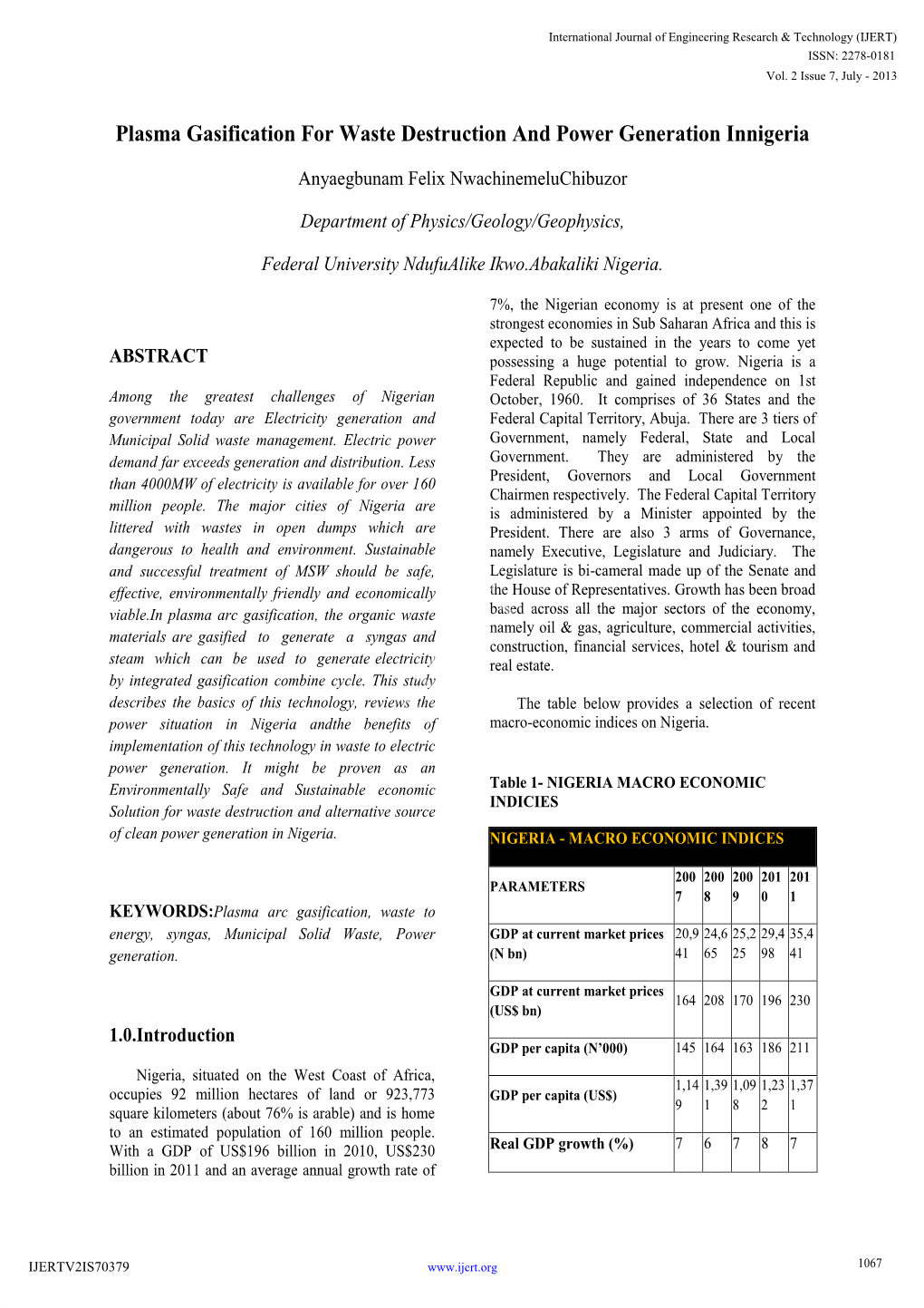 Plasma Gasification for Waste Destruction and Power Generation Innigeria