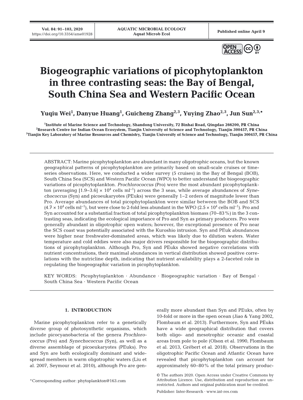 Biogeographic Variations of Picophytoplankton in Three Contrasting Seas: the Bay of Bengal, South China Sea and Western Pacific Ocean