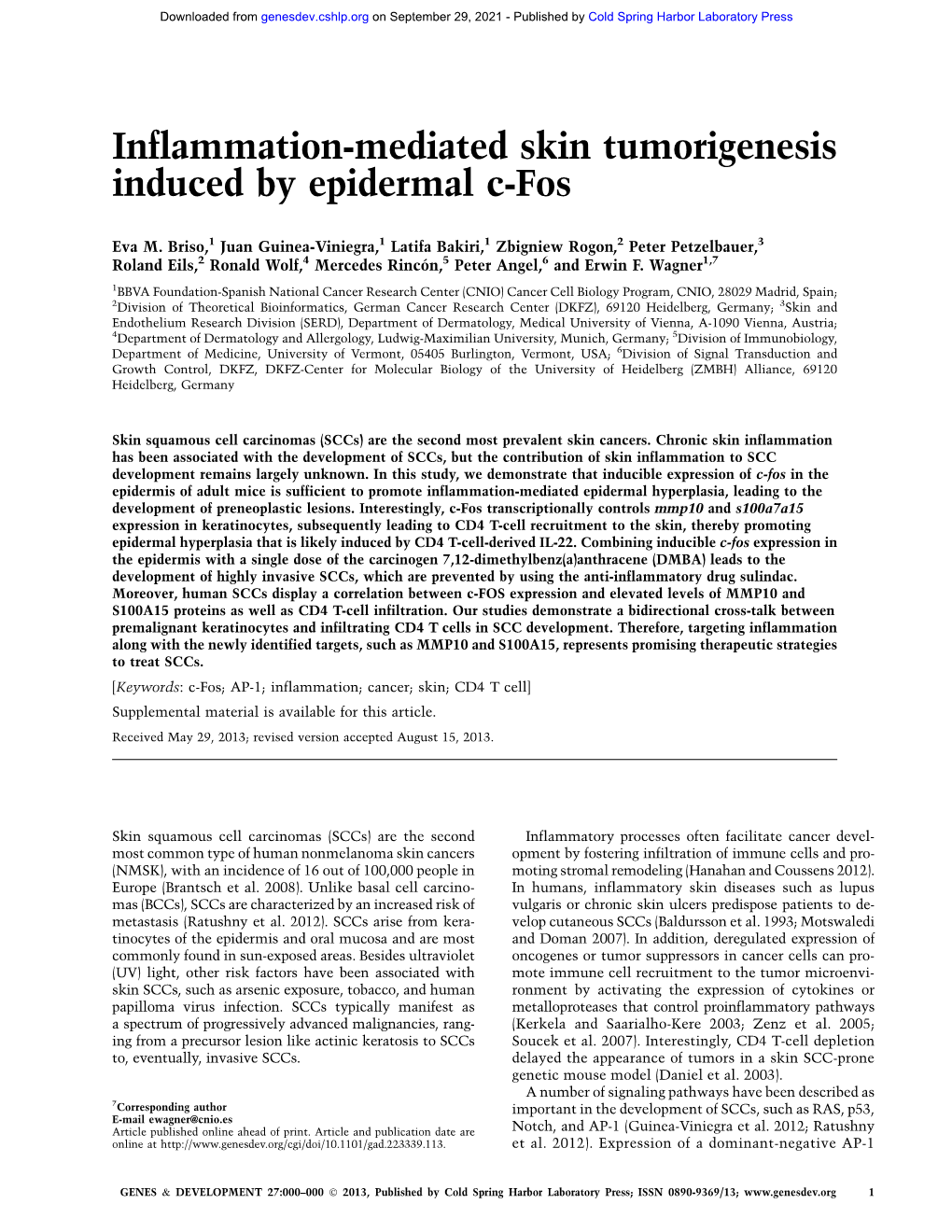 Inflammation-Mediated Skin Tumorigenesis Induced by Epidermal C-Fos