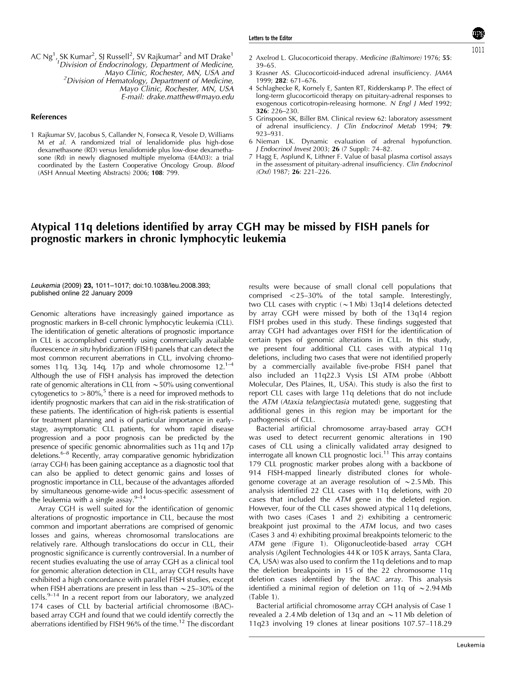 Atypical 11Q Deletions Identified by Array CGH May Be Missed by FISH