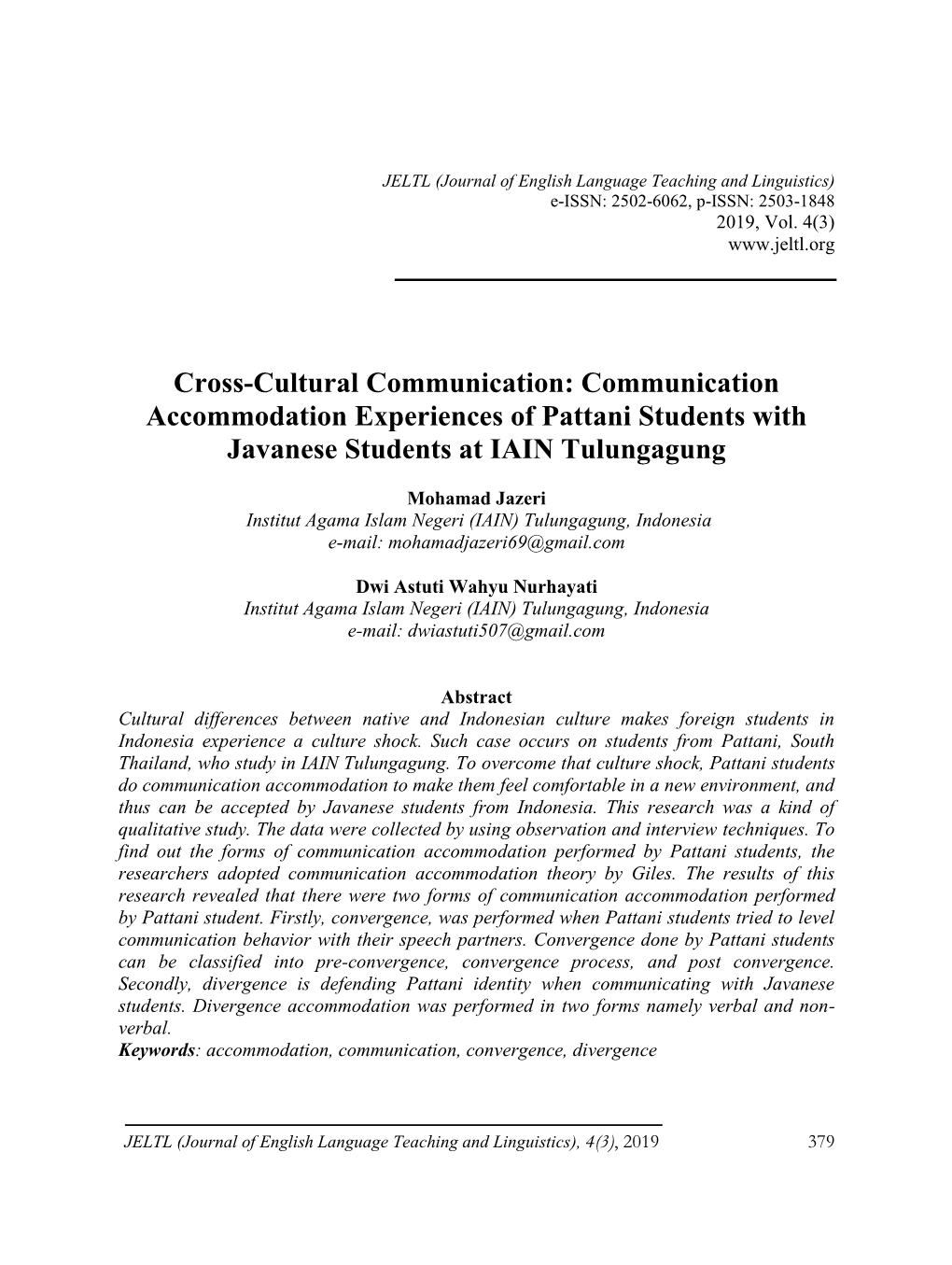 Communication Accommodation Experiences of Pattani Students with Javanese Students at IAIN Tulungagung