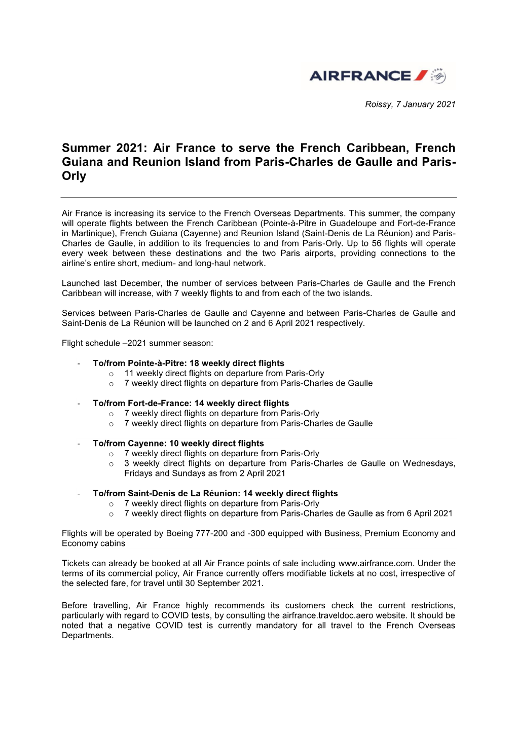 Summer 2021: Air France to Serve the French Caribbean, French Guiana and Reunion Island from Paris-Charles De Gaulle and Paris- Orly