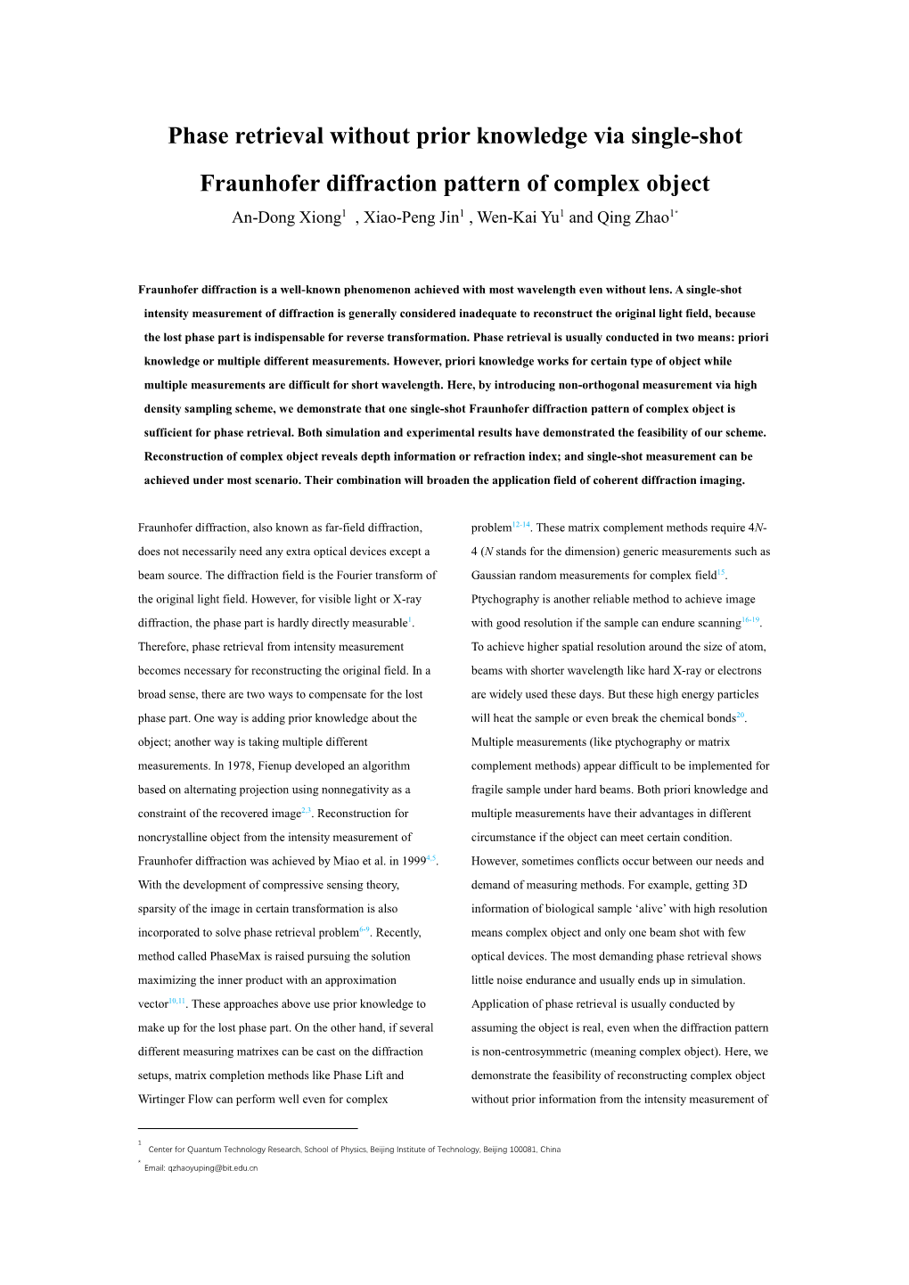 Phase Retrieval Without Prior Knowledge Via Single-Shot Fraunhofer Diffraction Pattern of Complex Object