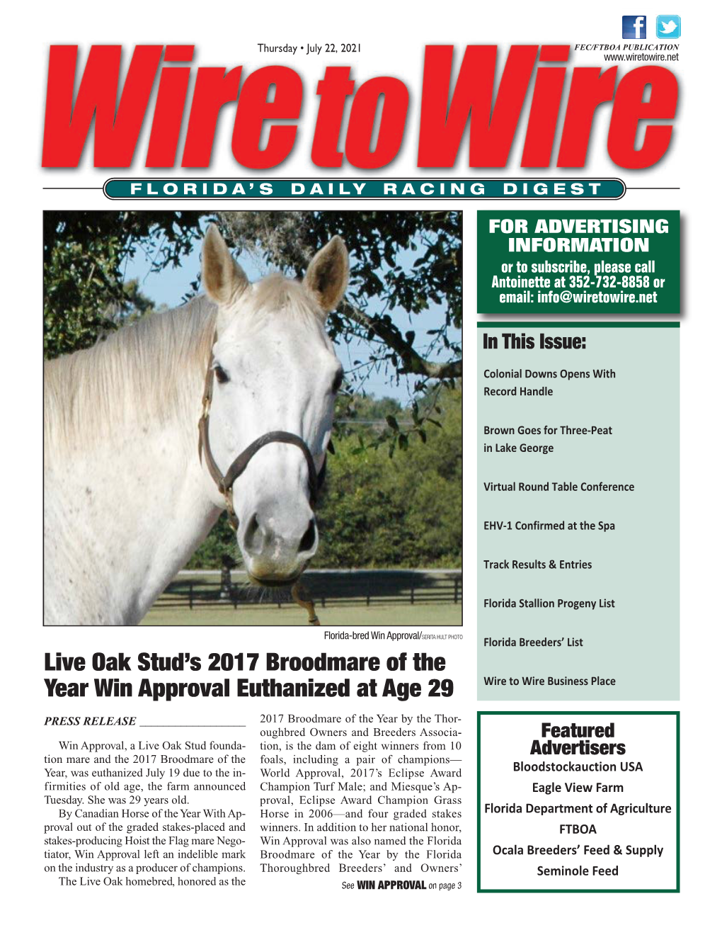 Live Oak Stud's 2017 Broodmare of the Year Win Approval Euthanized at Age 29