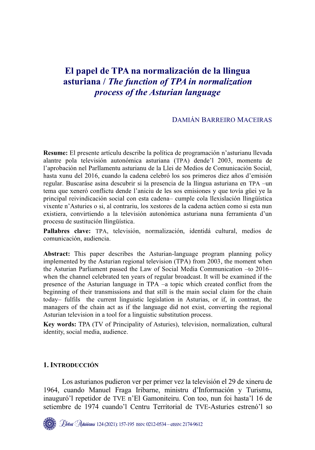 El Papel De TPA Na Normalización De La Llingua Asturiana / the Function of TPA in Normalization Process of the Asturian Language