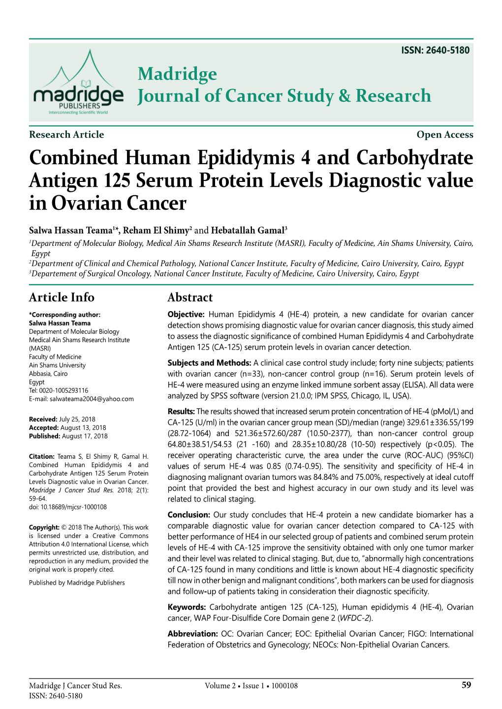 Combined Human Epididymis 4 and Carbohydrate Antigen 125 Serum Protein Levels Diagnostic Value in Ovarian Cancer