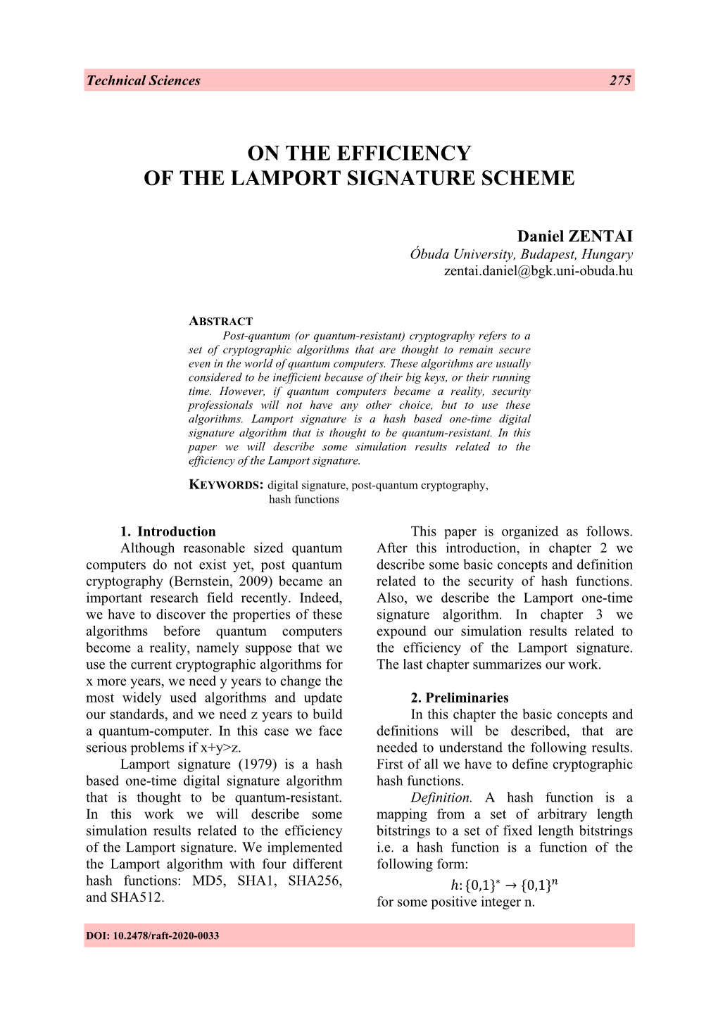 On the Efficiency of the Lamport Signature Scheme