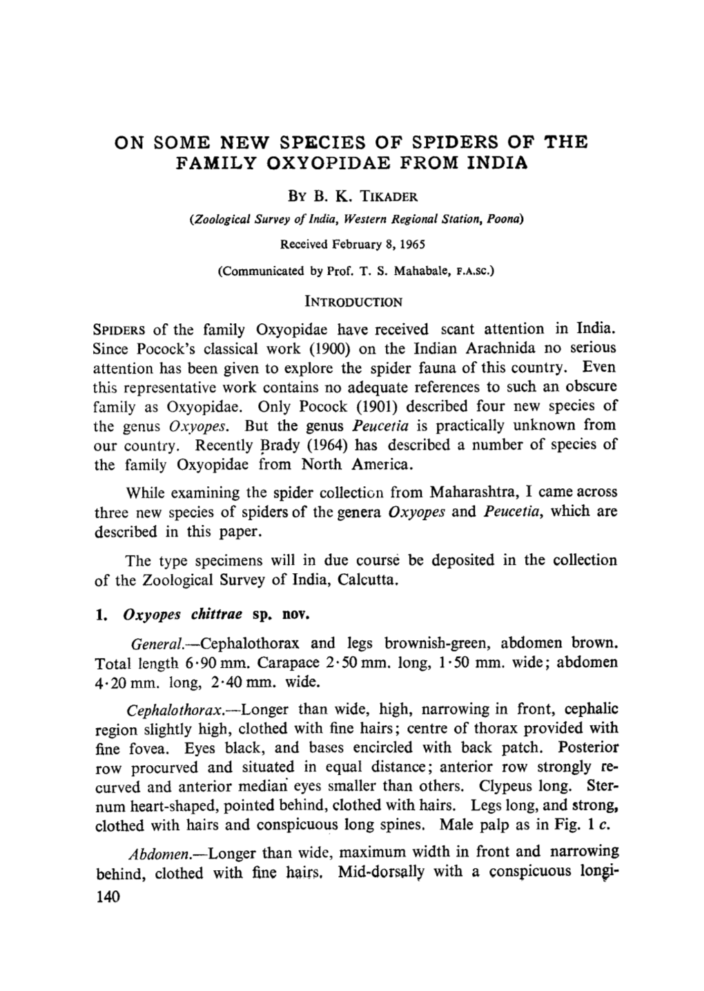 On Some New Species of Spiders of the Family Oxyopidae from India