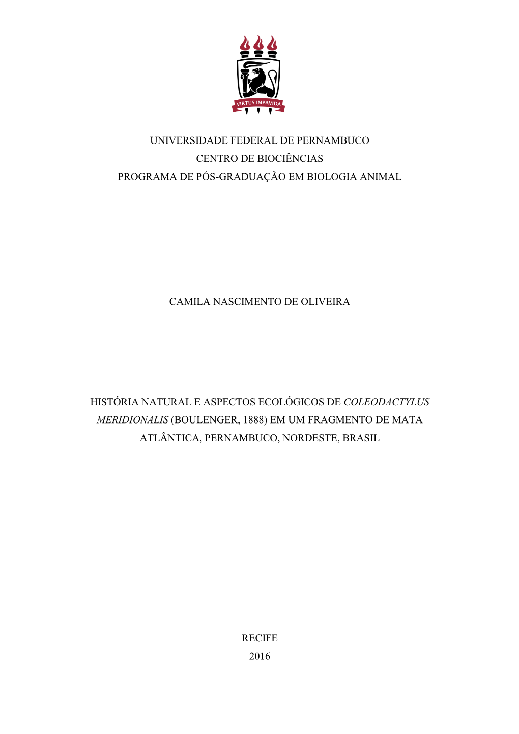 Universidade Federal De Pernambuco Centro De Biociências Programa De Pós-Graduação Em Biologia Animal