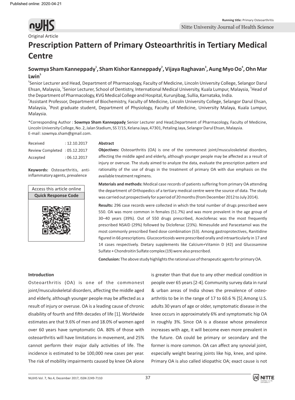 Prescription Pattern of Primary Osteoarthritis in Tertiary Medical