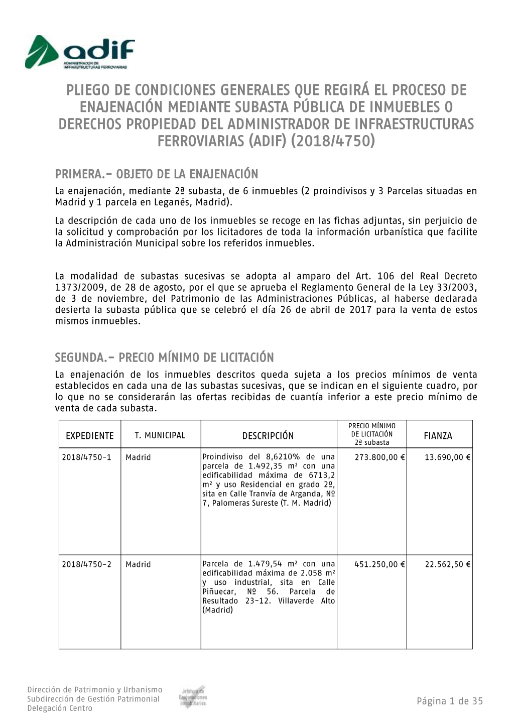 Pliego De Condiciones Generales Que Regirá El Proceso De Enajenación Mediante Subasta Pública De Inmuebles O Derechos Propie