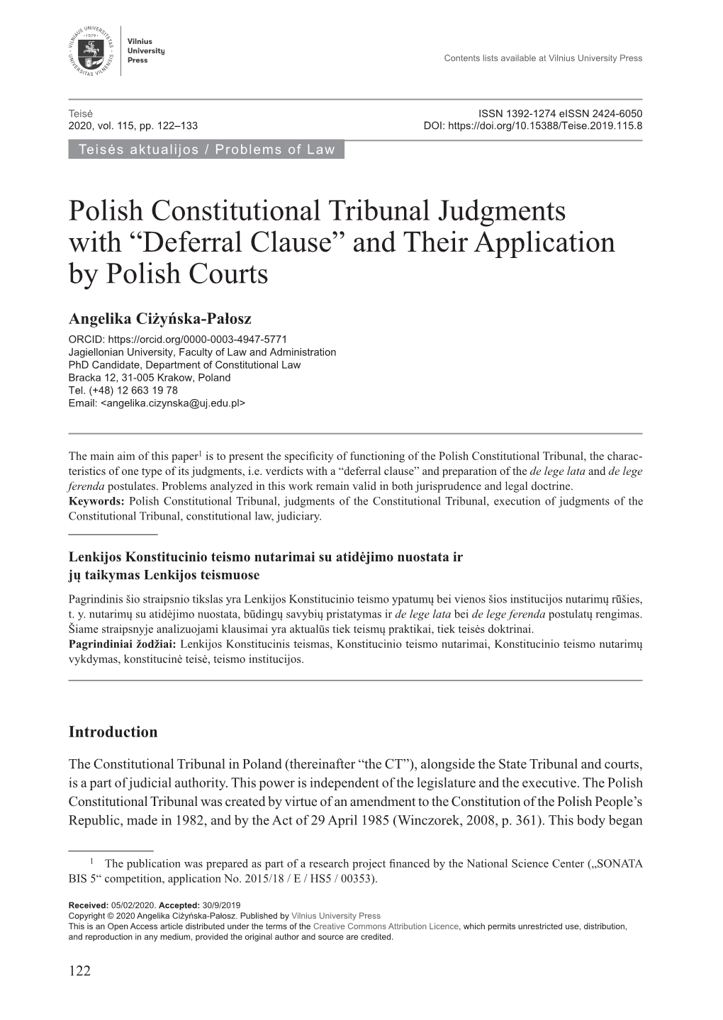 Polish Constitutional Tribunal Judgments with “Deferral Clause” and Their Application by Polish Courts