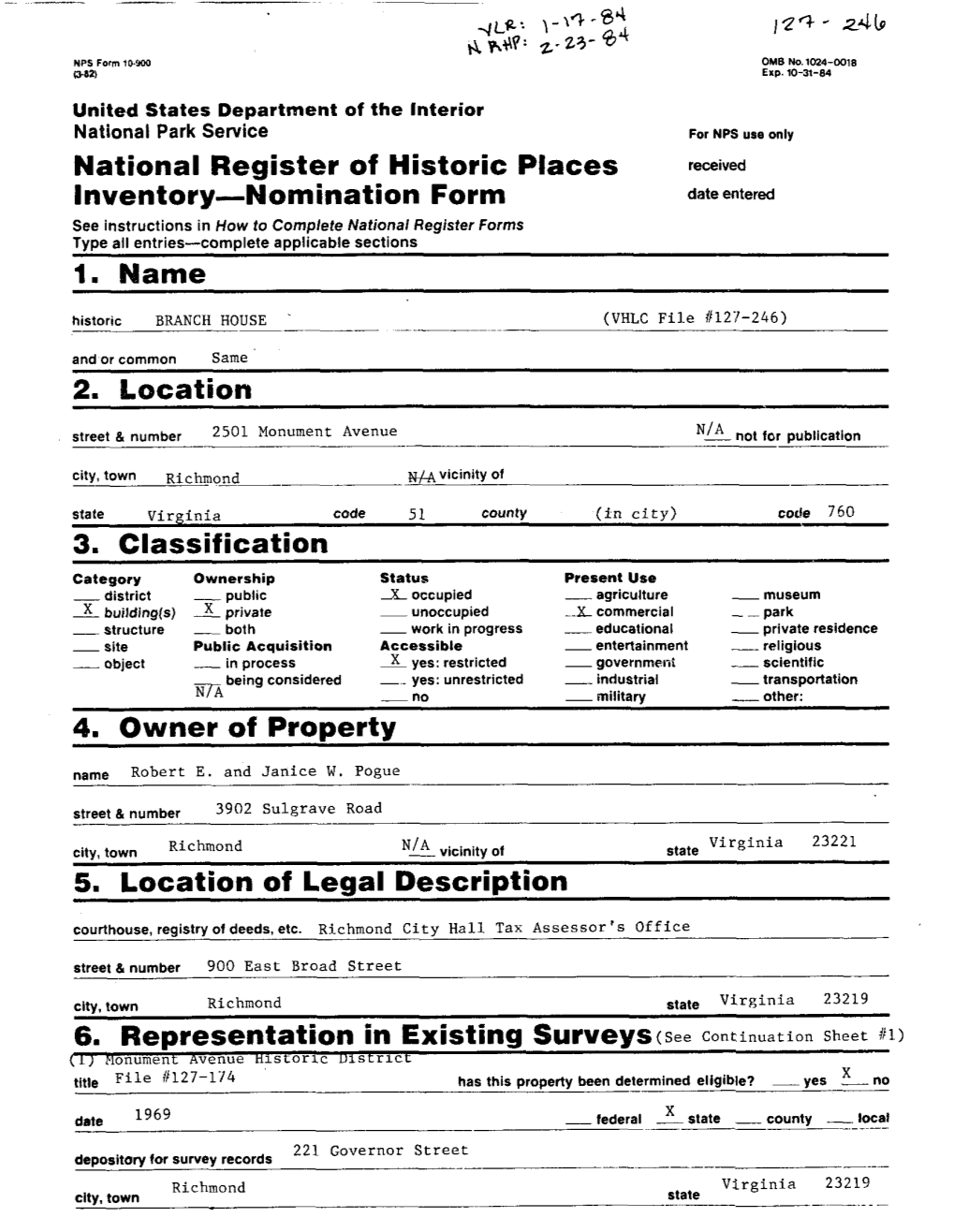 Nomination Form Date Entered See Instructions in How to Complete National Register Forms Type All Entries-Complete Applicable Sections 1