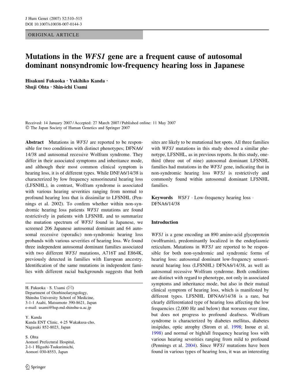 Mutations in the WFS1 Gene Are a Frequent Cause of Autosomal Dominant Nonsyndromic Low-Frequency Hearing Loss in Japanese