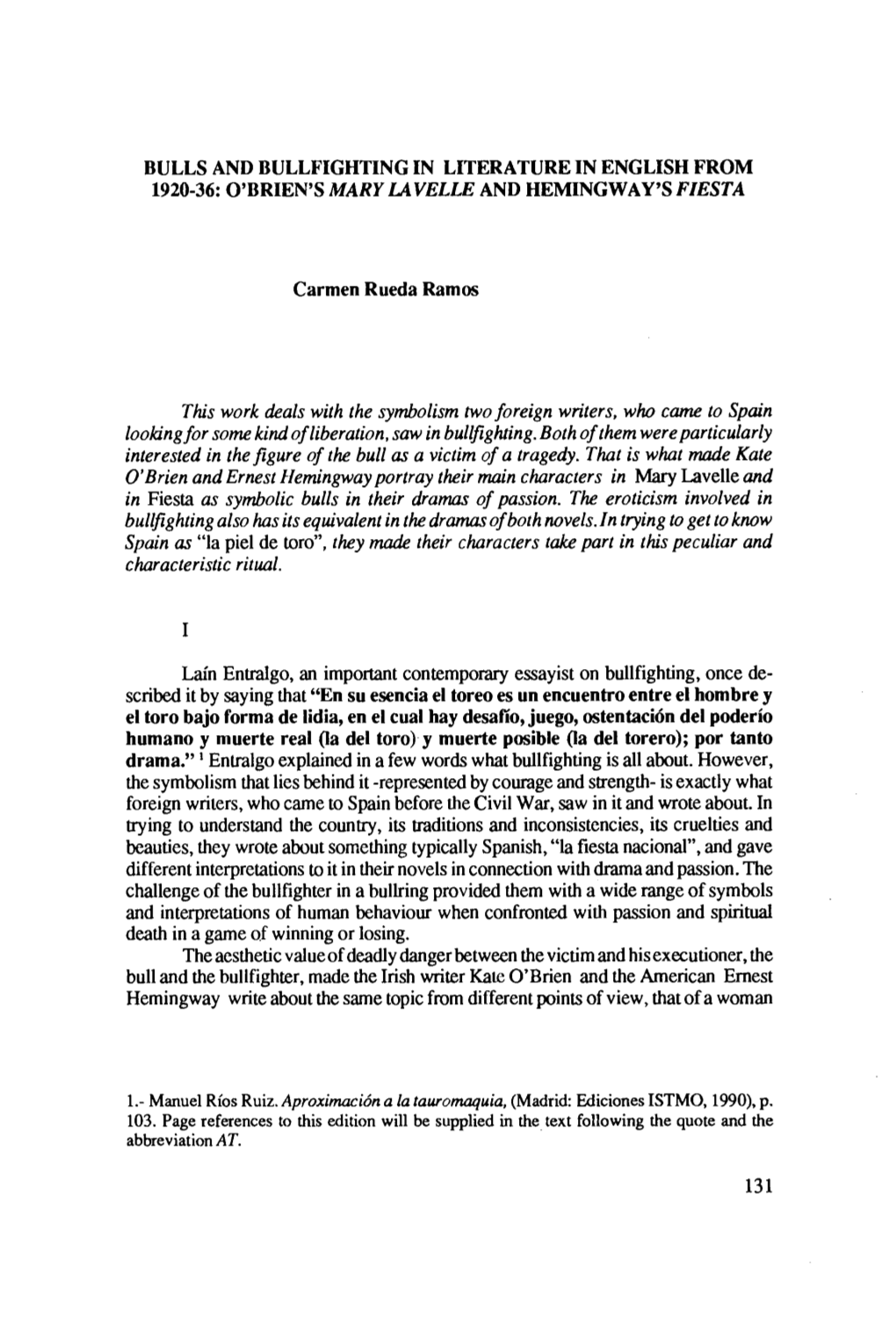 Bulls and Bullfighting in Literature in English from 1920-36: O'brien's Mary Lavelle and Hemingway's Fiesta