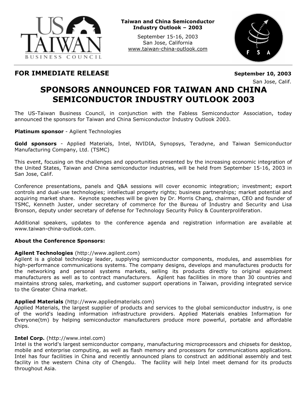 Sponsors Announced for Taiwan and China Semiconductor Industry Outlook 2003