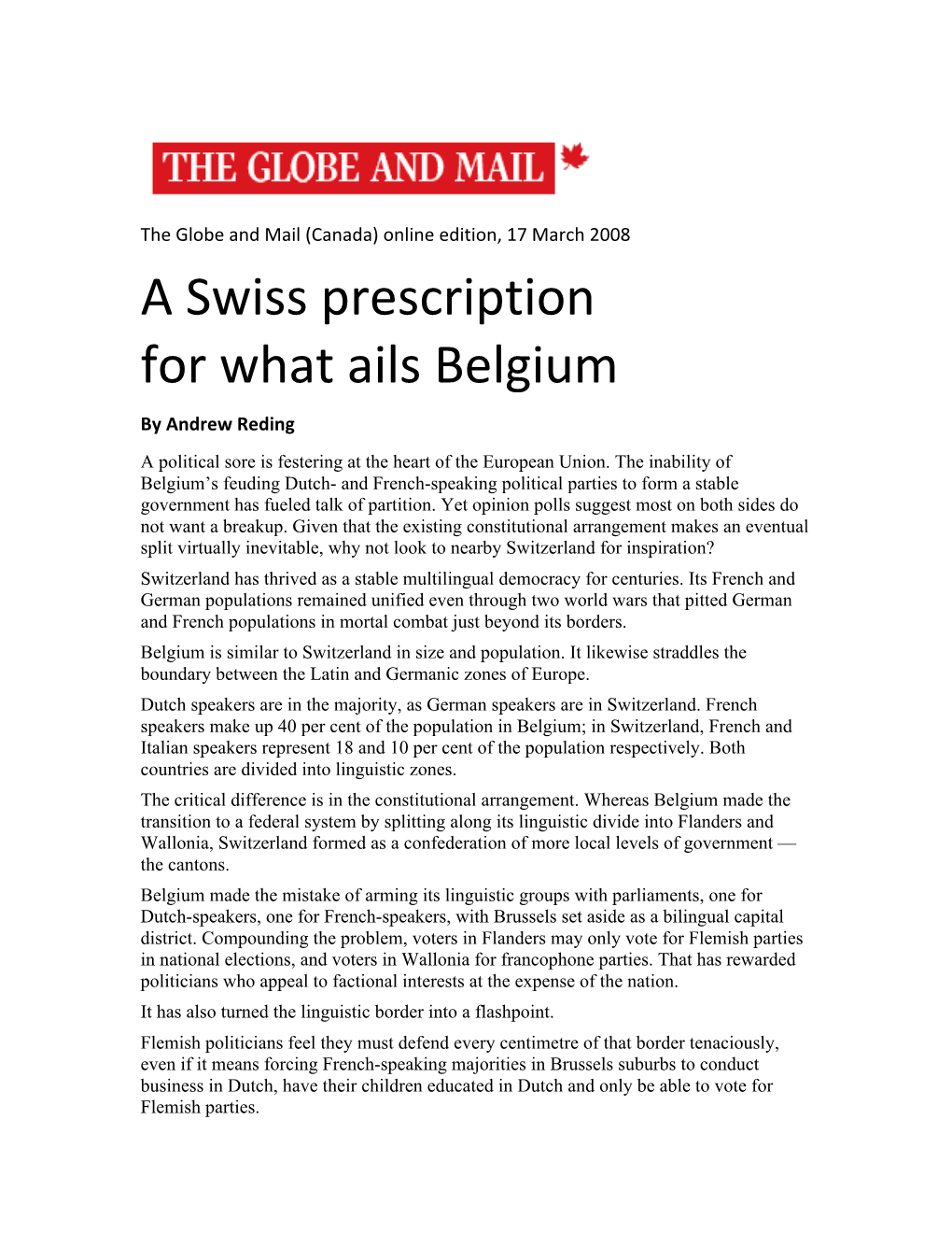 A Swiss Prescription for What Ails Belgium for What Ails Belgium a Swiss Prescription for What Ails Belgium a Swiss Prescriptio