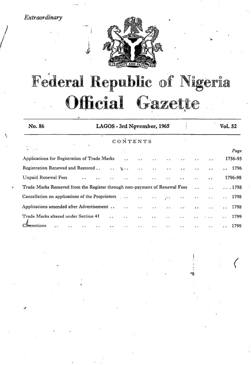 No. 86 LAGOS- 3Rd November, 1965 ~ Vol. 52