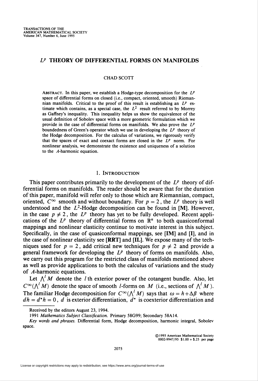 LP THEORY of DIFFERENTIAL FORMS on MANIFOLDS This