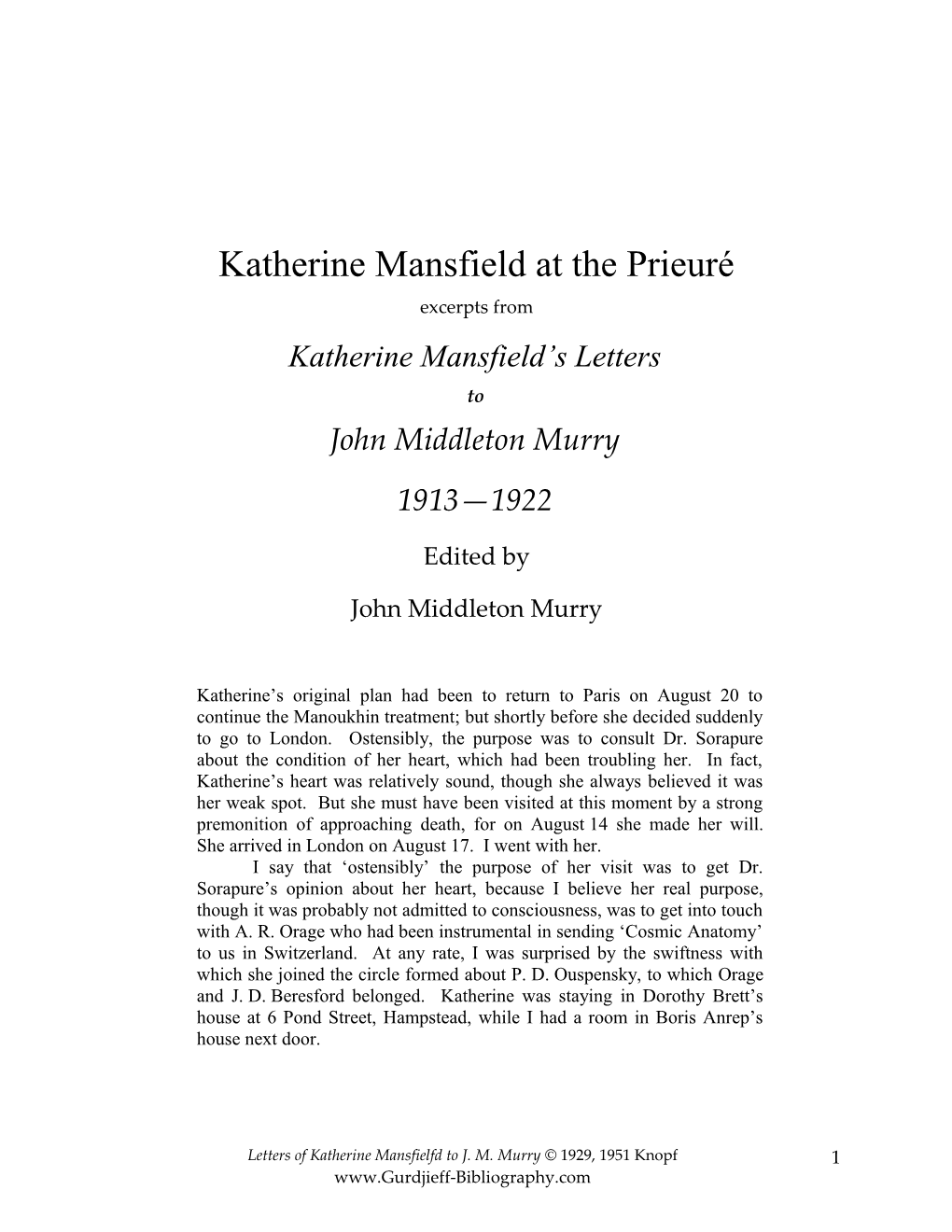 Katherine Mansfield at the Prieuré