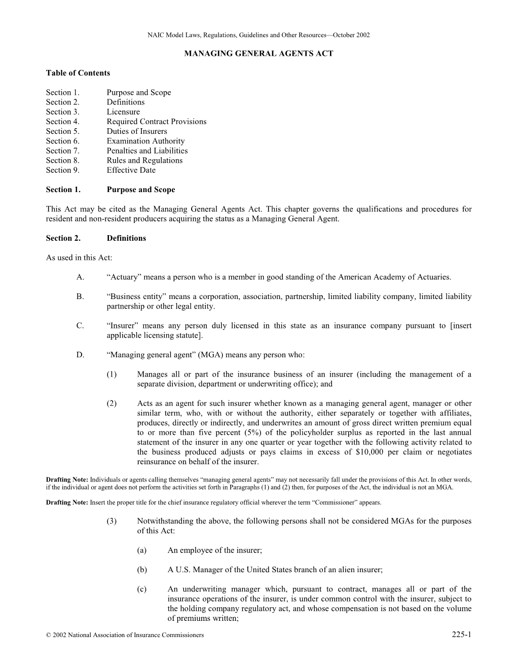 225-1 MANAGING GENERAL AGENTS ACT Table Of