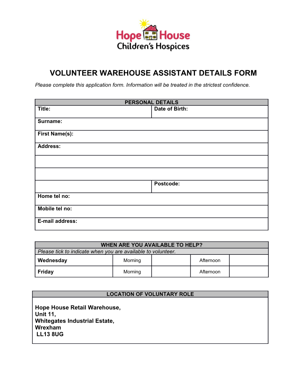 Volunteer Warehouse Assistant Details Form