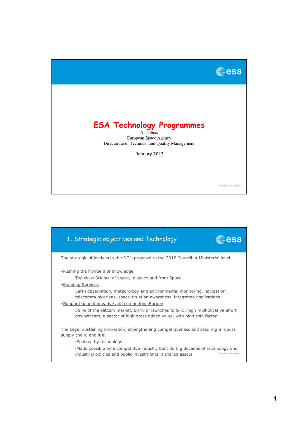 ESA Technology Programmes A