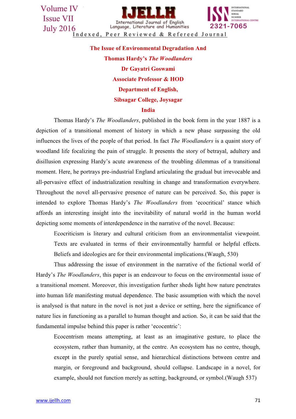 The Issue of Environmental Degradation and Thomas Hardy's