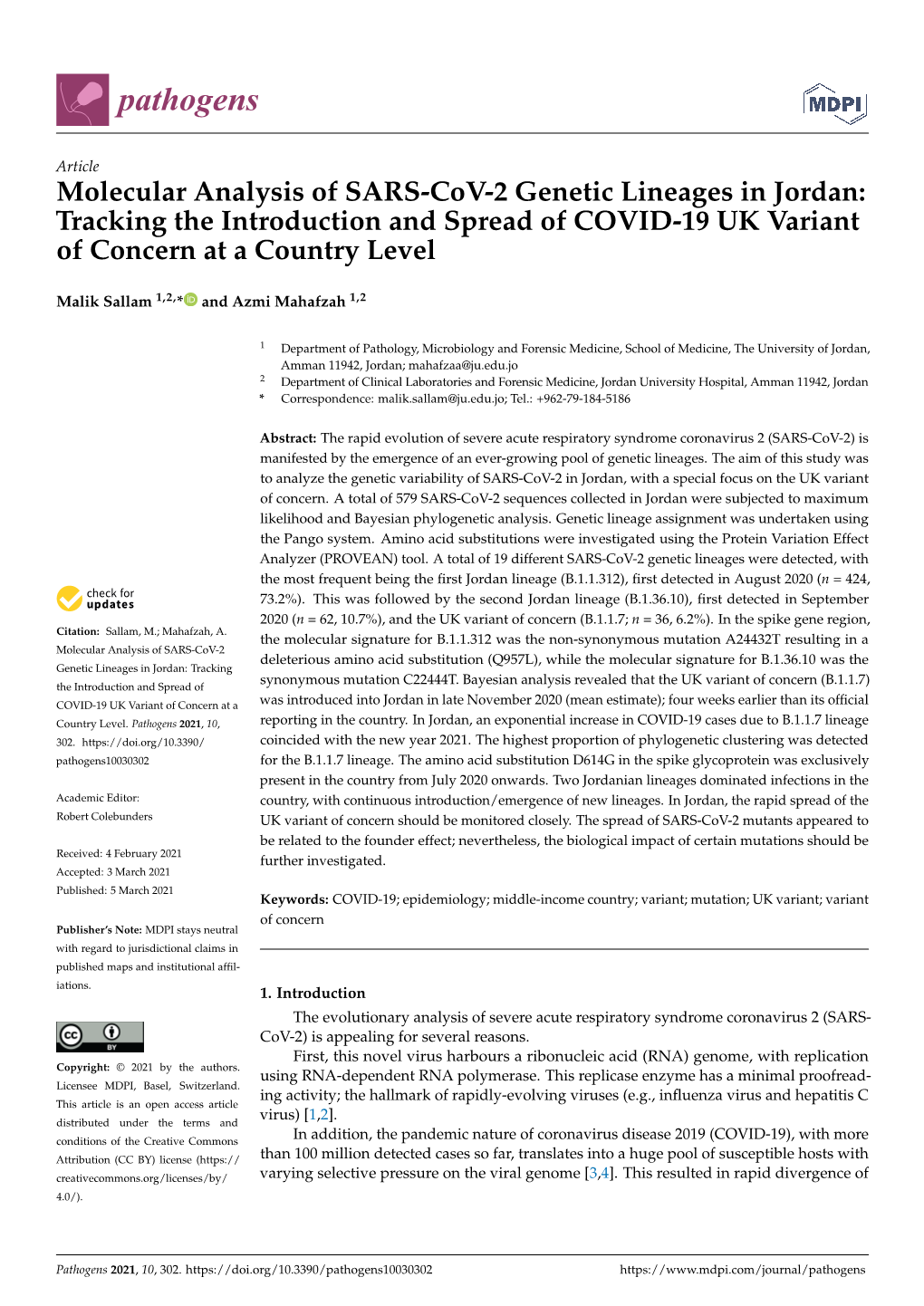 Molecular Analysis of SARS-Cov-2 Genetic Lineages in Jordan: Tracking the Introduction and Spread of COVID-19 UK Variant of Concern at a Country Level