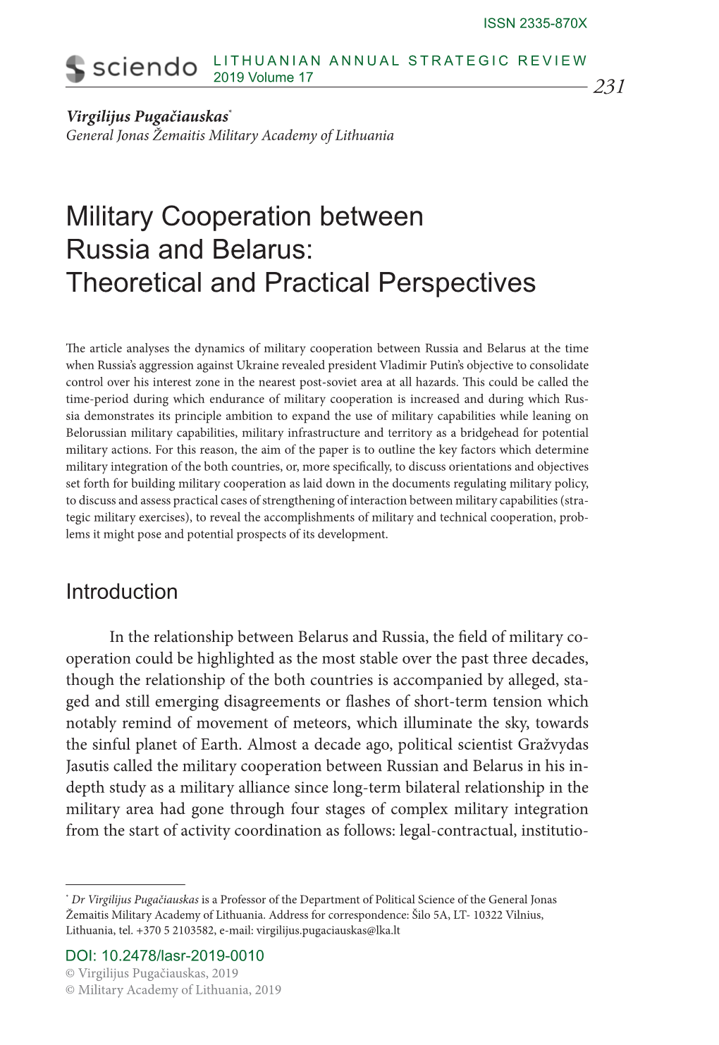 Military Cooperation Between Russia and Belarus: Theoretical and Practical Perspectives
