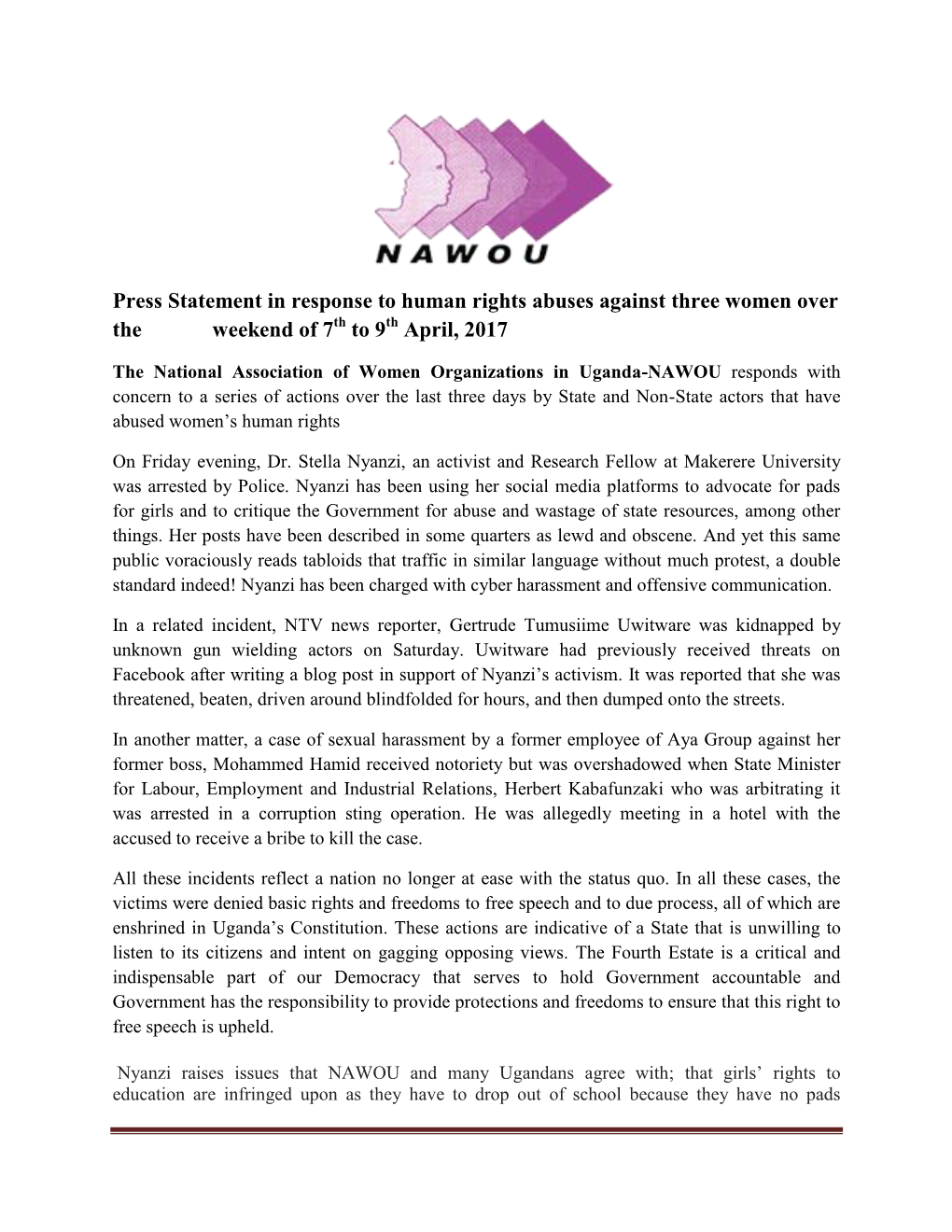Press Statement in Response to Human Rights Abuses Against Three Women Over the Weekend of 7 to 9 April, 2017