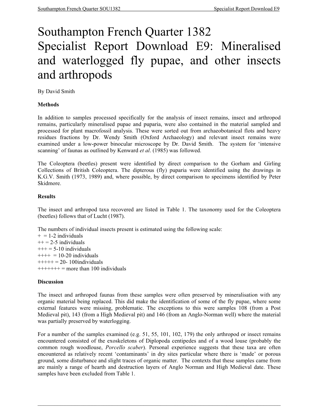 Southampton French Quarter 1382 Specialist Report Download E9: Mineralised and Waterlogged Fly Pupae, and Other Insects and Arthropods