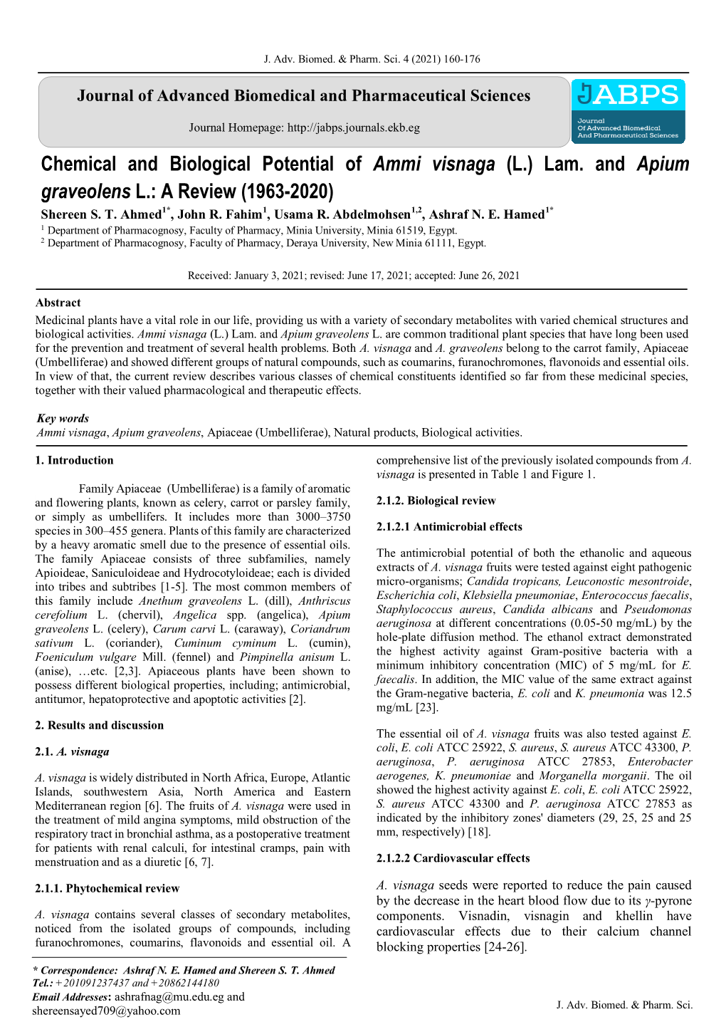 Chemical and Biological Potential of Ammi Visnaga (L.) Lam