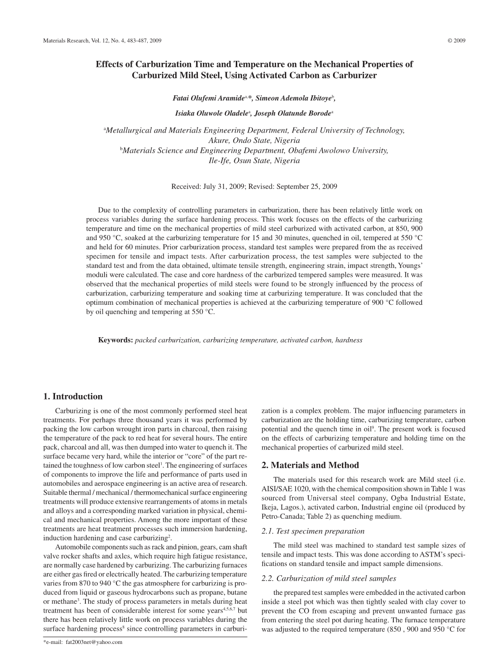 Effects of Carburization Time and Temperature on the Mechanical Properties of Carburized Mild Steel, Using Activated Carbon As Carburizer