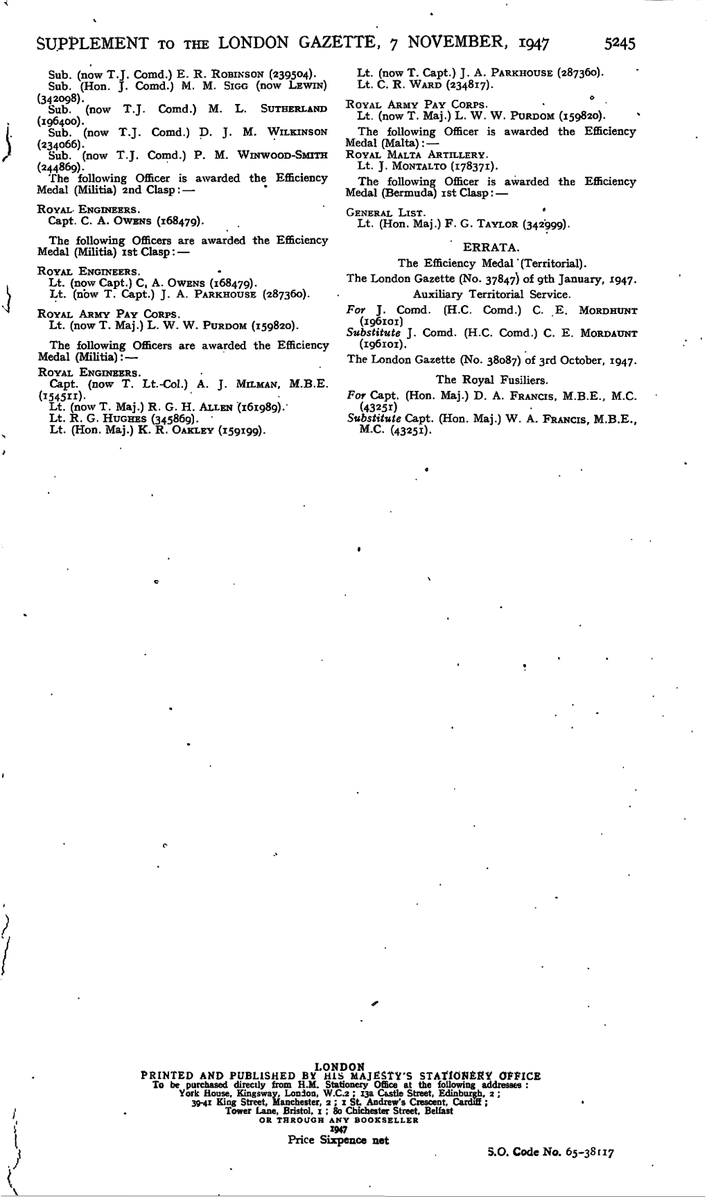 Supplement to the London Gazette, 7 November, 1947 5245