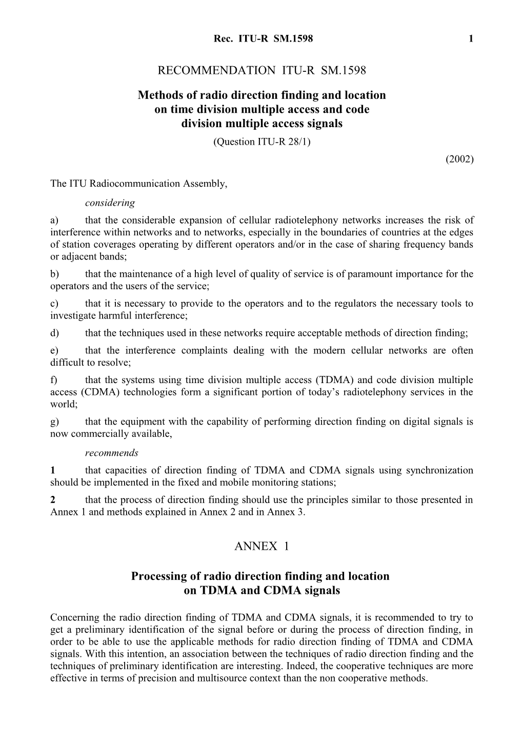 RECOMMENDATION ITU-R SM.1598 - Methods of Radio Direction Finding and Location on Time