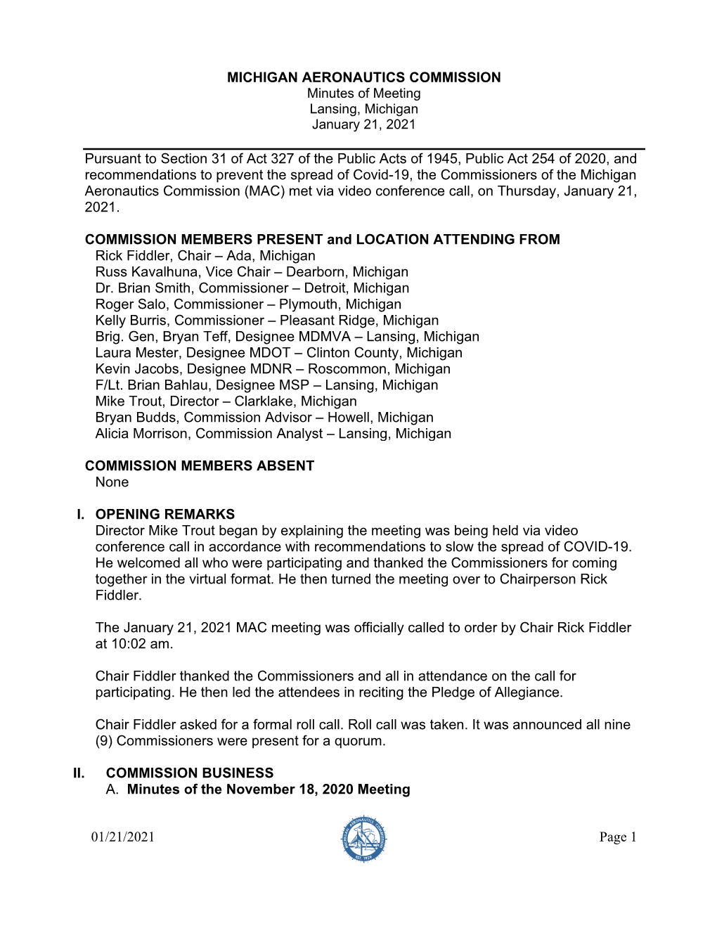 01/21/2021 Page 1 MICHIGAN AERONAUTICS COMMISSION